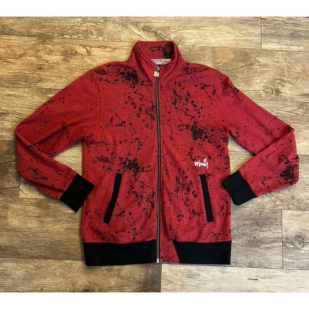 Volcom Zip Up Jacket Red Black Splatter Print Oversize Small Skater Y2K Vintage